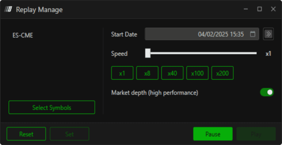 DeepDom Replay Manage window on ES: start date picker, replay speed from x1 to x200 and the high-performance market depth option