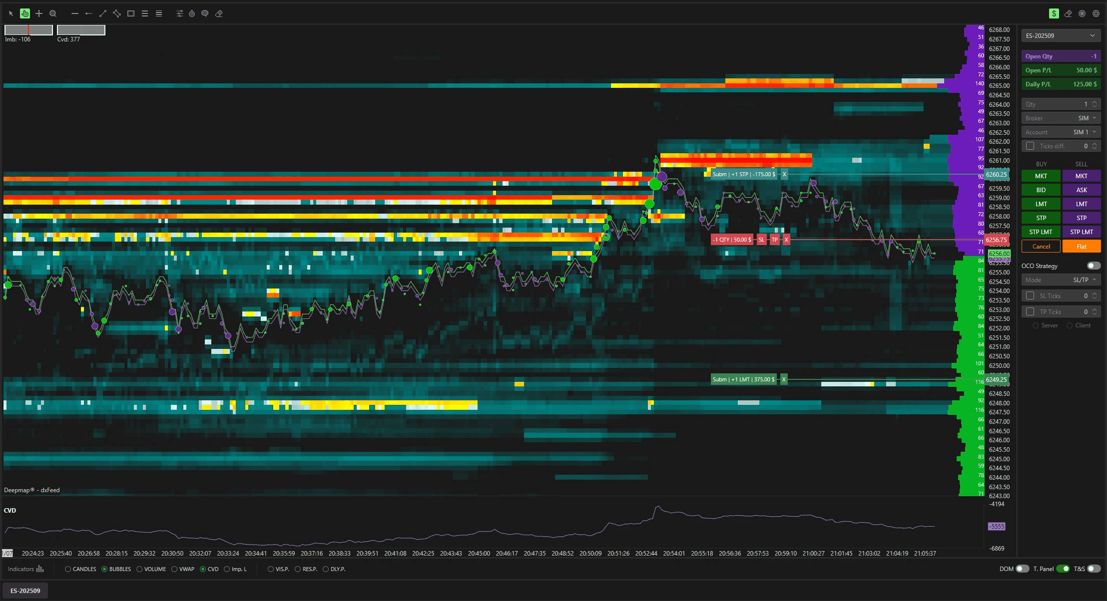 DeepDom trading terminal on the ES heatmap: stop and limit orders managed directly on the chart, order panel with OCO strategy and SIM account, CVD below price