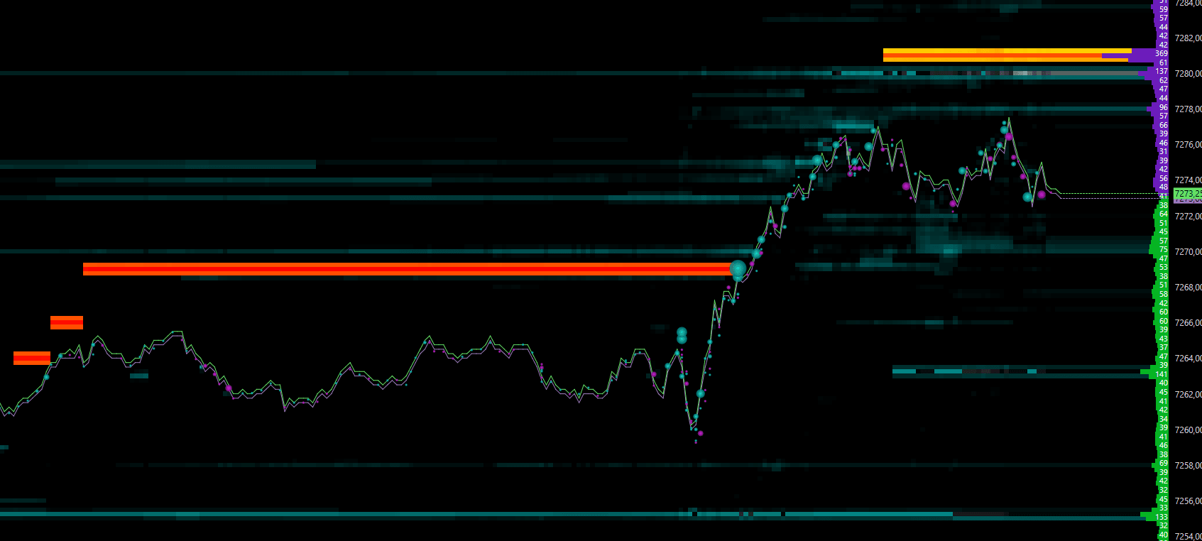 DeepDom liquidity heatmap: large resting orders lighting up in the MBO book around price