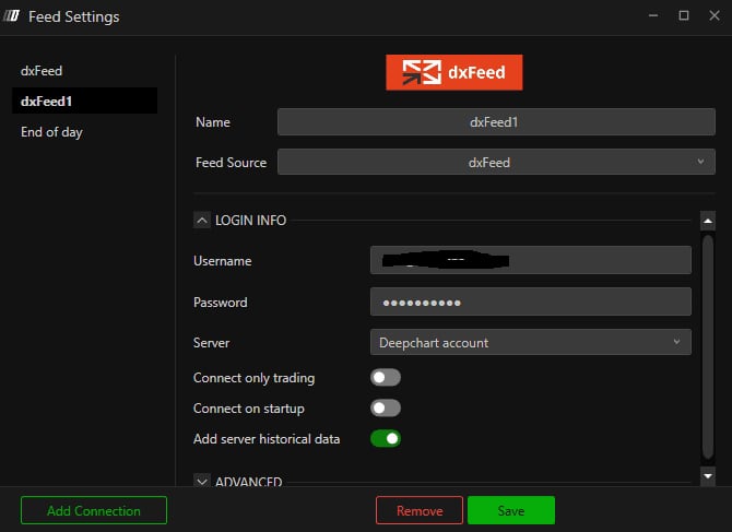 Le formulaire de profil de flux avec ses champs nom du profil, source, identifiants et serveur.