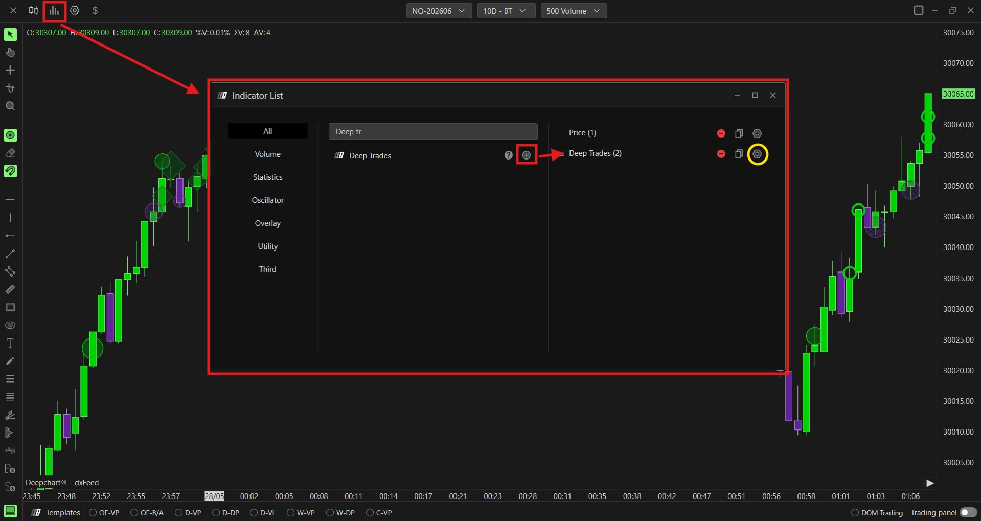 Le panneau de configuration Deep Trades ouvert, avec ses quatre onglets visibles.