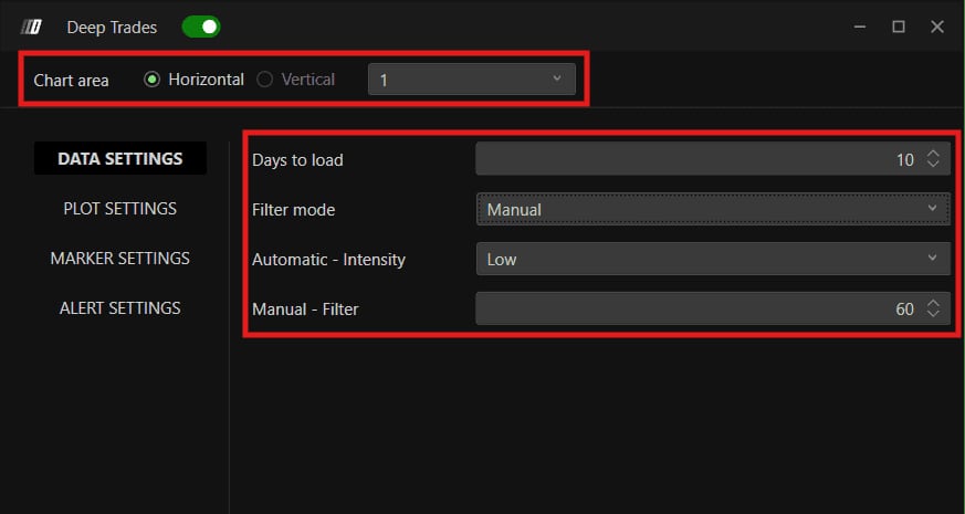 L'onglet Data Settings, avec Chart Area, Days to Load, Filter Mode et Manual Filter visibles.