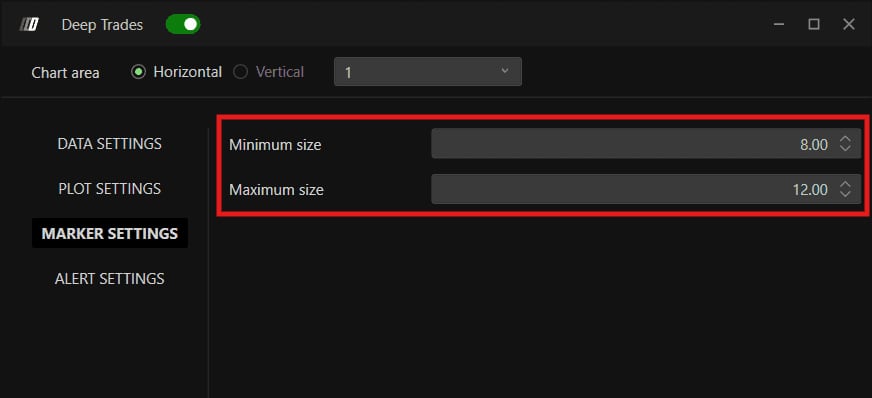 L'onglet Marker Settings avec les curseurs Minimum Size et Maximum Size.
