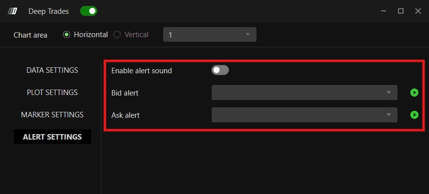 L'onglet Alert Settings avec Enable Alert Sound, et les listes Bid Alert et Ask Alert séparées.
