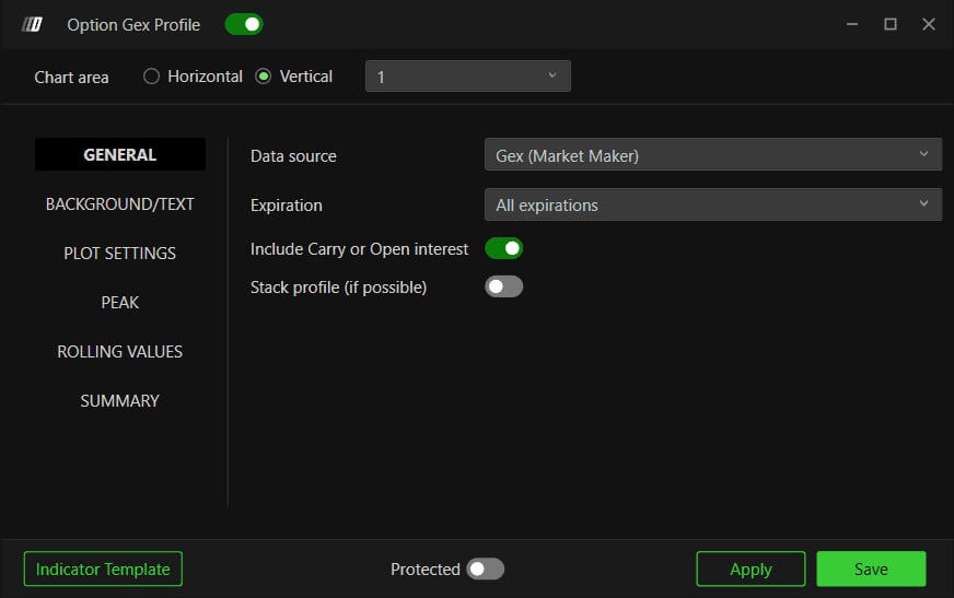 L'onglet General : Data source et ses six sources, Expiration, Include Carry or Open interest, Stack profile.