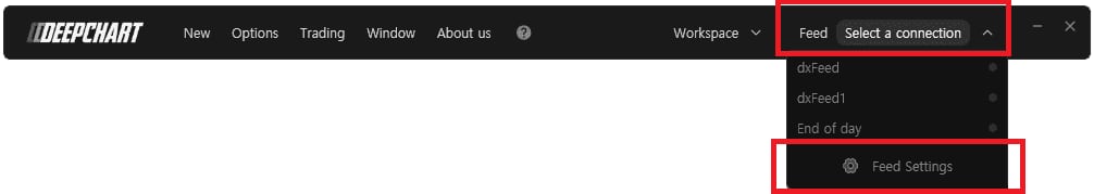 La barre de menus DeepChart, menu Feed déroulé sur l'entrée Feed Settings.