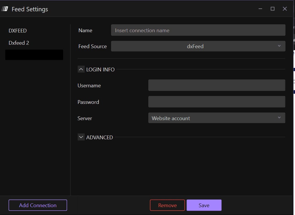 La fenêtre Feed Settings avec Name, Feed Source, Username, Password et Server.