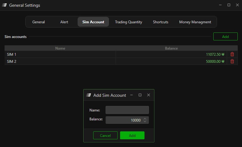 L'onglet Sim Account de General Settings, avec la fenêtre Add Sim Account, champs Name et Balance.